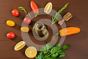 Olive oil, tomato, lemon, pepper and herbs