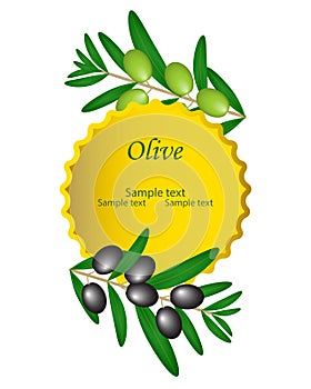 Olive oil.Vector decorative green and black olive branch, gold c