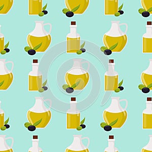Olive oil vector glass bottle of premium virgin some olives with leaves seamless pattern health tree leaf branch fruit