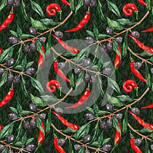 Olive oliva branch red hot chili chilli spicy pepper seamless pattern texture background