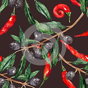 Olive oliva branch red hot chili chilli spicy pepper seamless pattern texture background