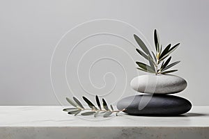 olive plant and stone with a white background, zen stones and bamboo