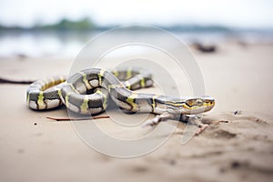 olive python on a sandy beach trail