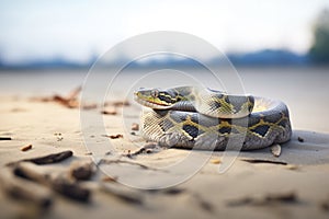 olive python on a sandy beach trail