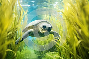 olive ridley turtle navigating through kelp forest