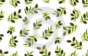 Olive seamless pattern. Branches with black olives on white background.