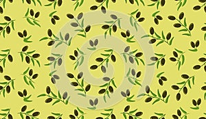 Olive seamless pattern. Branches with black ripe olives.