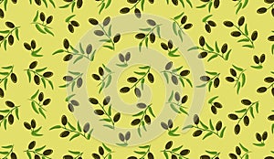 Olive seamless pattern. Branches with black ripe olives.