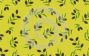 Olive seamless pattern. Branches with black ripe olives.