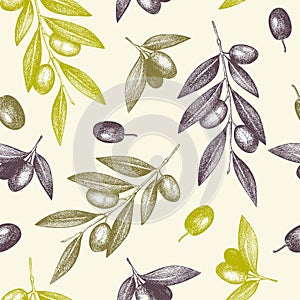 Olive seamless pattern. Healthy food background. Hand-drawn vector illustration. Olives branches, leaves and fruits sketches.