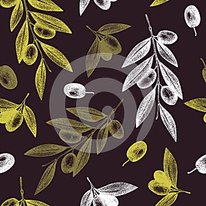 Olive seamless pattern. Healthy food background. Hand-drawn vector illustration. Olives branches, leaves and fruits sketches.