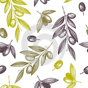 Olive seamless pattern. Healthy food background. Hand-drawn vector illustration. Olives branches, leaves and fruits sketches.