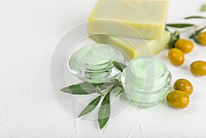 Olive Spa. Essential oils, face and body cream, scrub, sea salt, handmade soap with olive oil extract