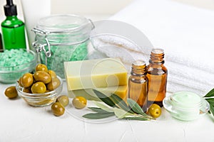 Olive Spa. Essential oils, face and body cream, scrub, sea salt, handmade soap with olive oil extract