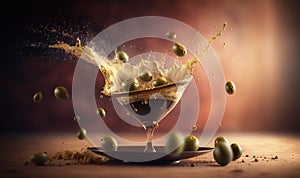 an olive splashing into a martini glass on a plate