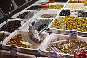 Olive stand at the Boqueria market in Barcelona