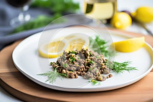 olive tapenade on a ceramic plate with lemon wedge