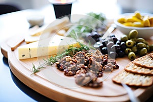 olive tapenade on a cheese board with varieties of cheese