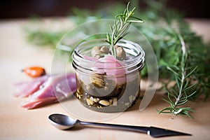 olive tapenade jar with label, surrounded by olive branches
