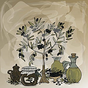 Olive tree, bottle with olive oil, barrel with pickled olives and jug. Label. Space for text. Vector hand-drawn