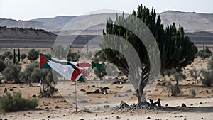 Olive tree and Palestinian flag on the backgroung, symbols of Palestinian strife for the independent state.