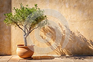 Olive tree shadow on beige rustic wall