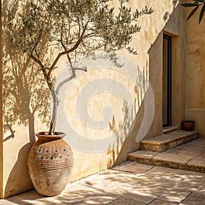Olive tree shadow on rustic wall