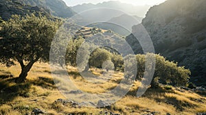 Olive Trees in Field with Mountain Backdrop