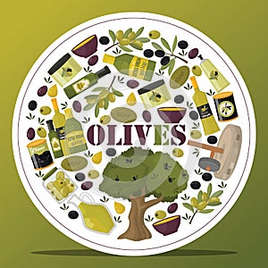 Olive vector oliveoil bottle with virgin oil and natural olivaceous ingredients for vegetarian food backdrop