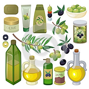 Olive vector oliveoil bottle with virgin oil and natural olivaceous ingredients for vegetarian food illustration set of photo