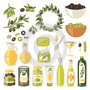 Olive vector oliveoil bottle with virgin oil and olivaceous ingredients for vegetarian food illustration set of