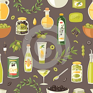 Olive vector oliveoil bottle with virgin oil and olivaceous ingredients for vegetarian food illustration set of photo