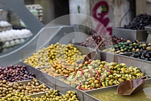 Olives. Of all varieties and in all shapes! Blacks, greens, bigs, little ones, Syrians, Arabs,