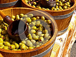 Olives in barrells ready to sell.