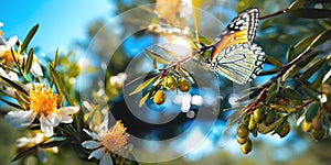 olives and bee and butterfly sitting on fruits, mandarin,olives,apples flowering branch with drops of morning dew water