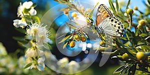 olives and bee and butterfly sitting on fruits, mandarin,olives,apples flowering branch with drops of morning dew water