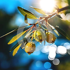 olives ,bee and butterfly sitting on fruits, mandarin,olives,apples flowering branch with drops of morning dew water