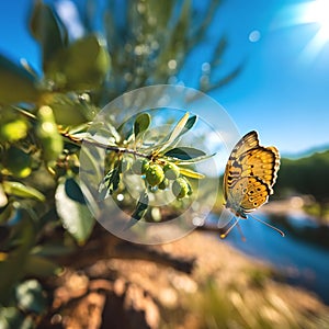 olives ,bee and butterfly sitting on fruits, mandarin,olives,apples flowering branch with drops of morning dew water