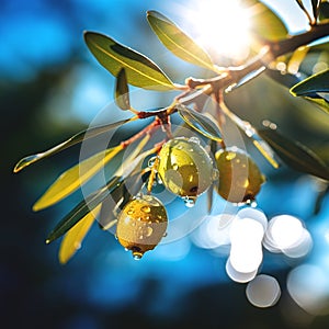 olives ,bee and butterfly sitting on fruits, mandarin,olives,apples flowering branch with drops of morning dew water