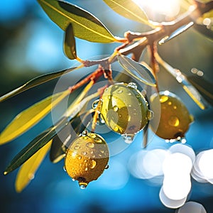 olives ,bee and butterfly sitting on fruits, mandarin,olives,apples flowering branch with drops of morning dew water