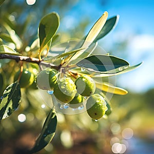 olives ,bee and butterfly sitting on fruits, mandarin,olives,apples flowering branch with drops of morning dew water