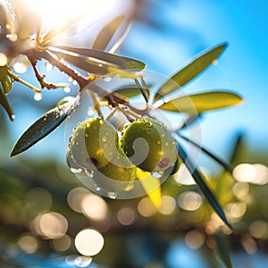 olives ,bee and butterfly sitting on fruits, mandarin,olives,apples flowering branch with drops of morning dew water