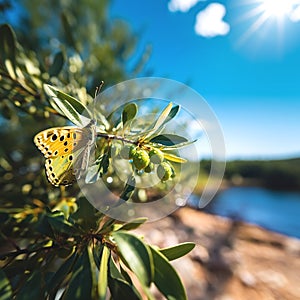 olives ,bee and butterfly sitting on fruits, mandarin,olives,apples flowering branch with drops of morning dew water