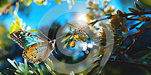 olives blooming white flowers ,bee and butterfly sitting on fruits, mandarin,olives,with drops of morning dew watercherrylemon