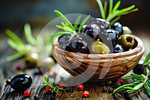 Olives in the bowl on wooden table. healthy food concept. AI generative