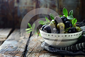 Olives in the bowl on wooden table. healthy food concept. AI generative