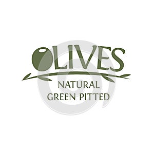 Olives branch with leaves vector emblem template. Natural Green pitted olive, simple logotype design, isolated