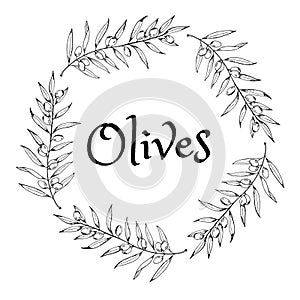 Olives branches wreath. Black and white sketch. Vector frame