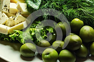 Olives, brynza and greens on a plate,Fresh salad with bryndza, o