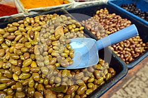 Olives on dispaly in Middle eastern food market